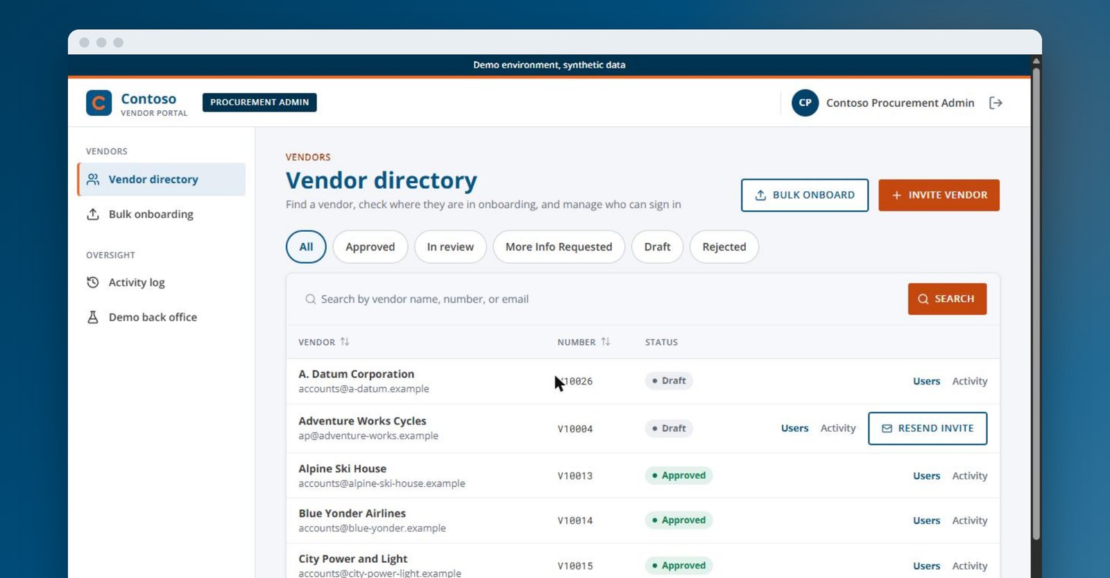 govcon365-vendor-portal-admin-vendor-management-v2 GovCon365 Vendor Portal admin vendor directory with onboarding status for each vendor