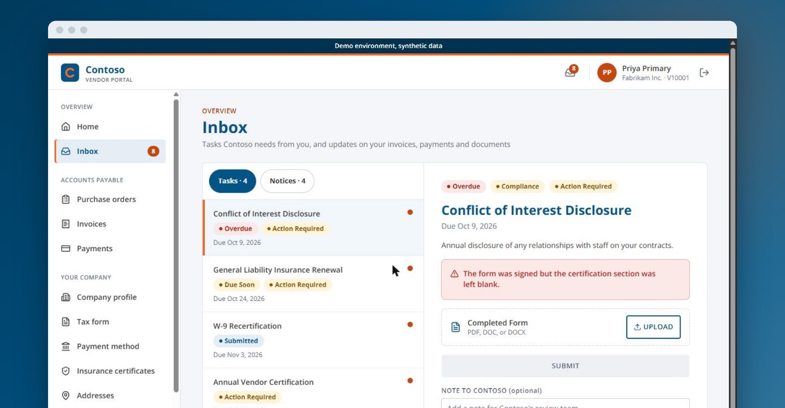 govcon365-vendor-portal-inbox-tasks-v2 GovCon365 Vendor Portal inbox with compliance tasks such as an overdue disclosure and an insurance renewal