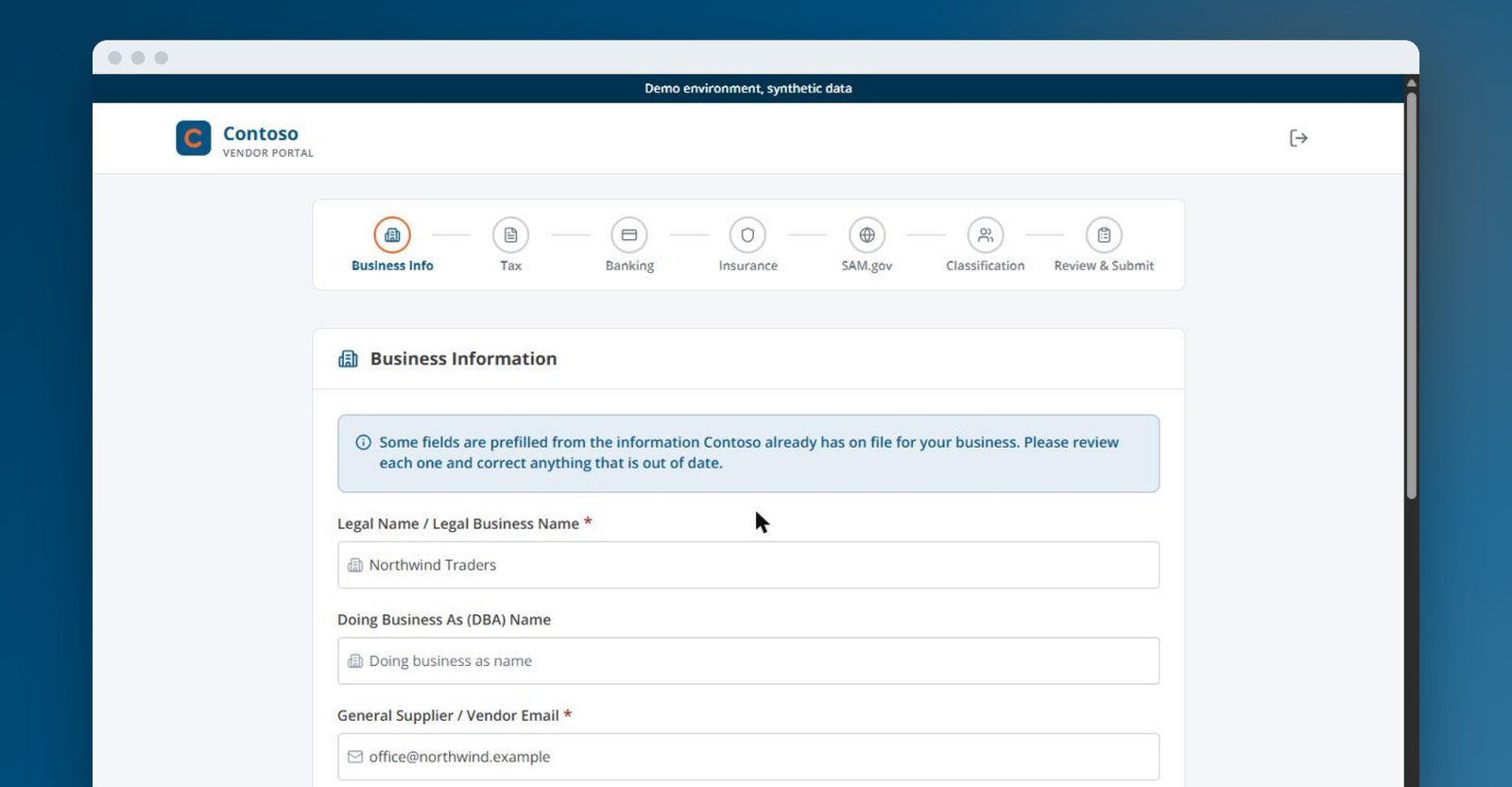 govcon365-vendor-portal-onboarding-v2 GovCon365 Vendor Portal 7-step vendor onboarding application, step 1 business information prefilled from Business Central