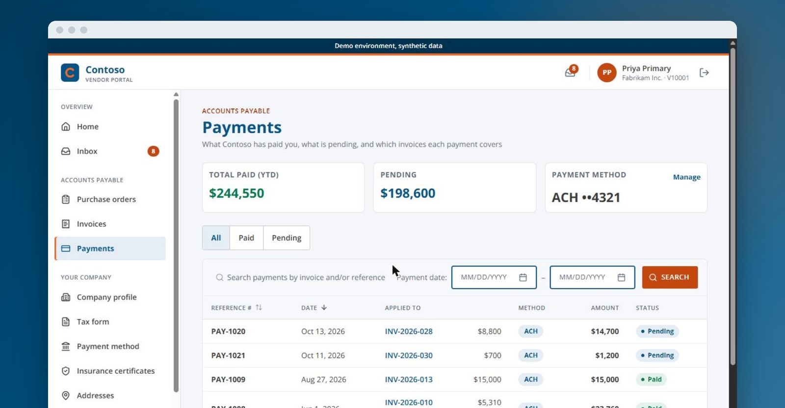 govcon365-vendor-portal-payments-v2 GovCon365 Vendor Portal payment tracker with paid and pending totals from Business Central