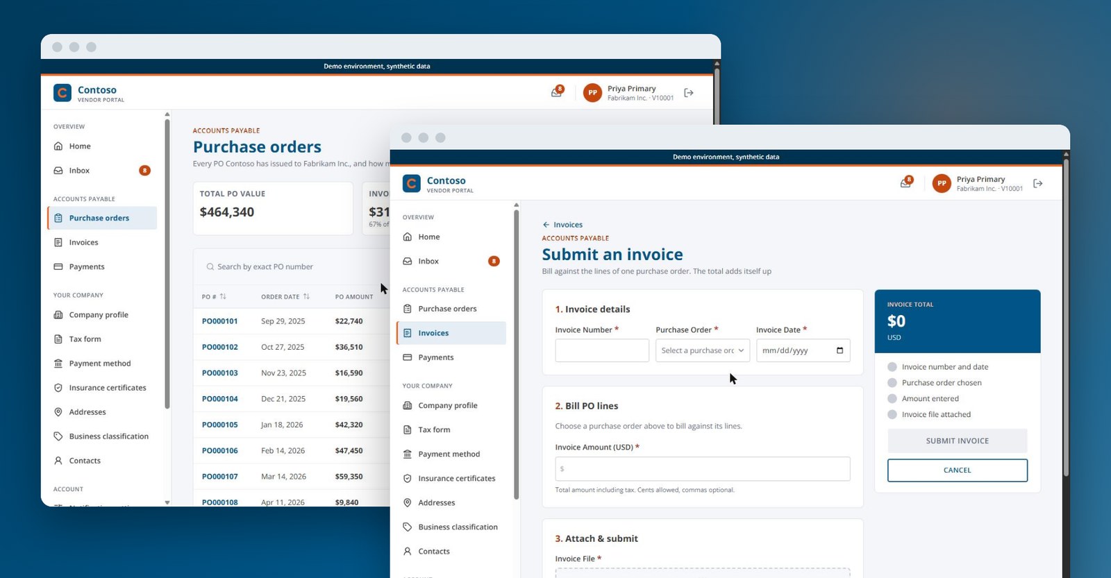 govcon365-vendor-portal-submit-invoice-v2 GovCon365 Vendor Portal purchase orders with amount left to bill, and invoice submission against purchase order lines