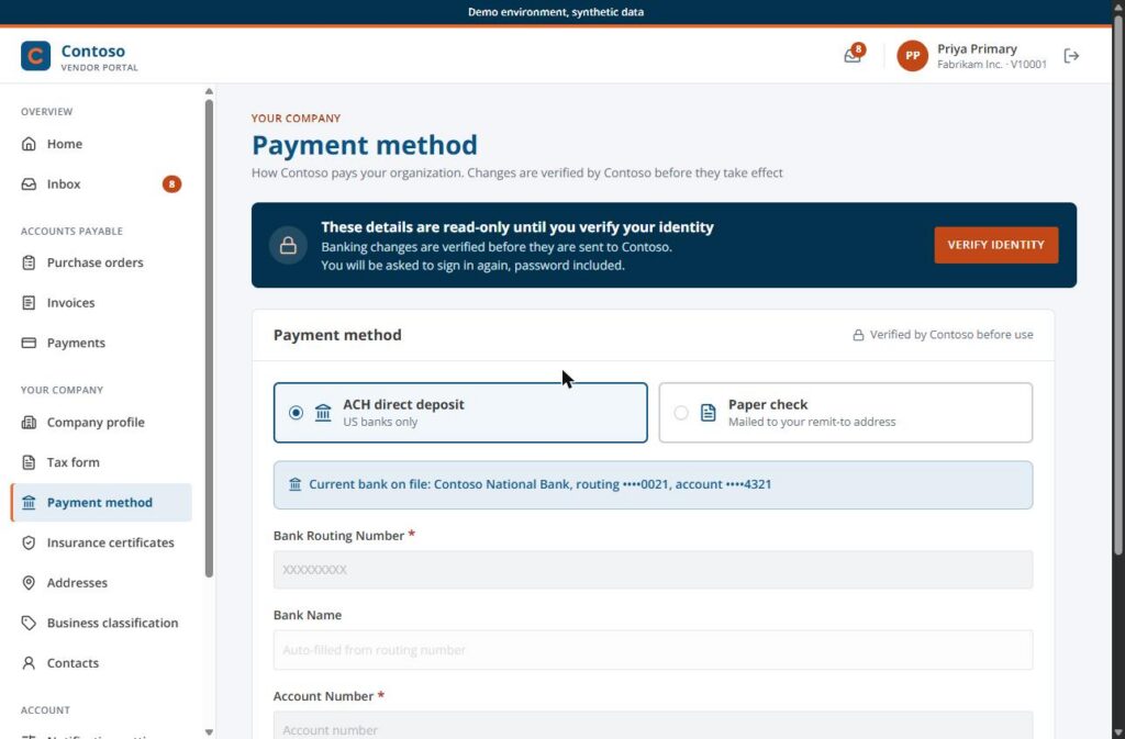 Vendor payment fraud prevention in a vendor portal: bank details on the Payment method screen stay read-only until the vendor verifies their identity, and changes are verified before use