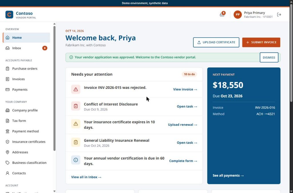 Vendor portal for government contractors: demo dashboard with a Needs your attention list (rejected invoice, overdue task, insurance certificate expiring in 10 days) and the next payment card