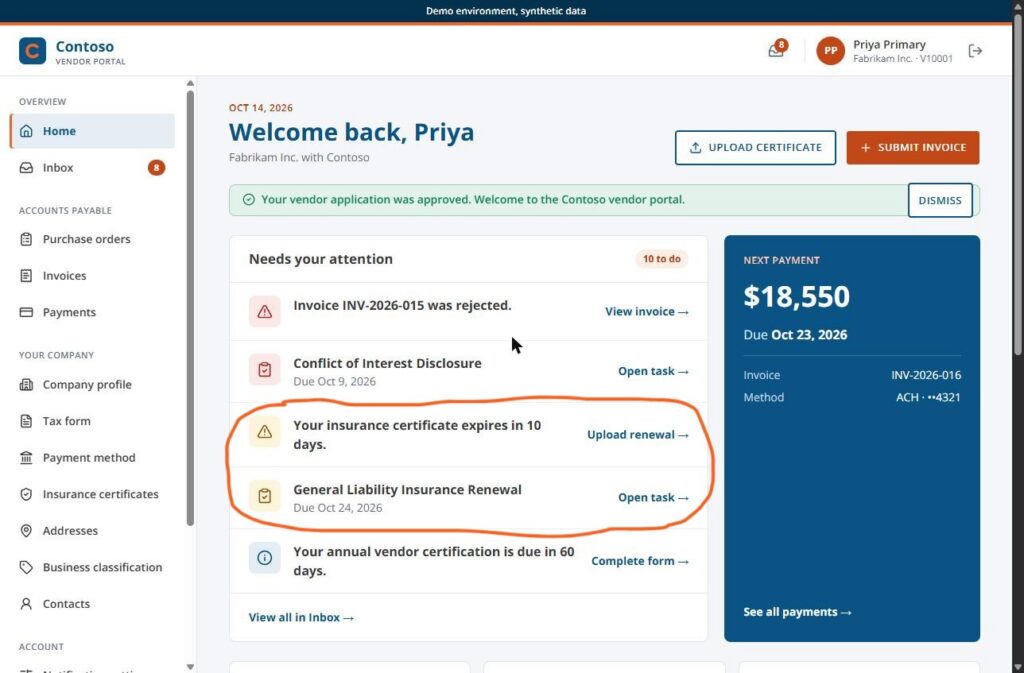 An expiry warning on the vendor dashboard in a demo portal: Insurance expires in 10 days, with an upload renewal link
