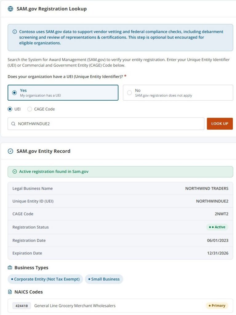The SAM.gov lookup step in the demo vendor portal: a search by UEI or CAGE code returns an active registration with legal name, UEI, CAGE code, expiration date and business types